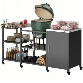 Grill Table for Big Green Egg Grill, Heavy Duty Metal BBQ Prep Table with Stainless Steel Top and Storage Cabinet, Black (Option: Black-855x640x180 mm)